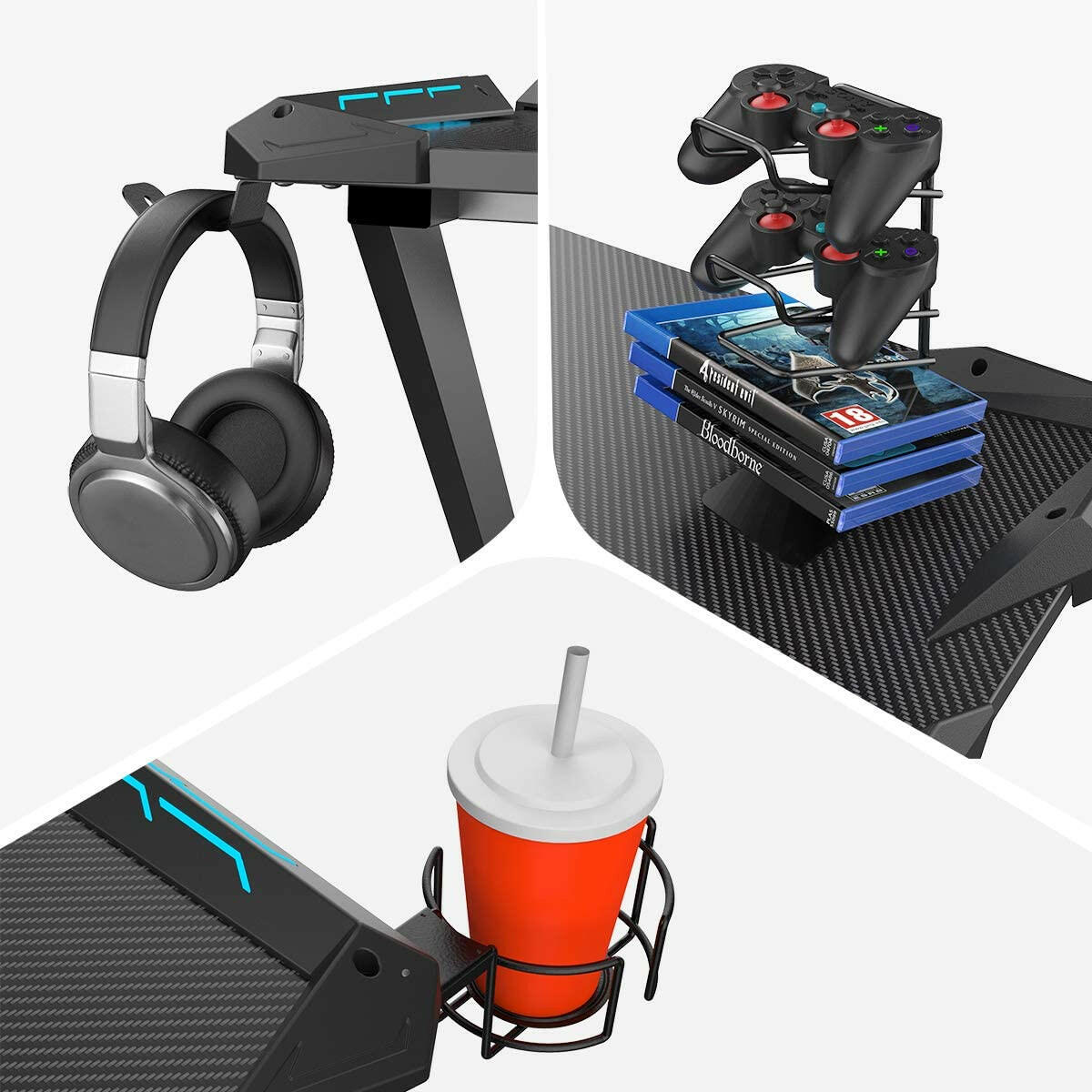 Eureka Ergonomic- Metal Gaming Accessories Bundle: Cup Holder, Headset Hook & PS4 Controller Game Rack