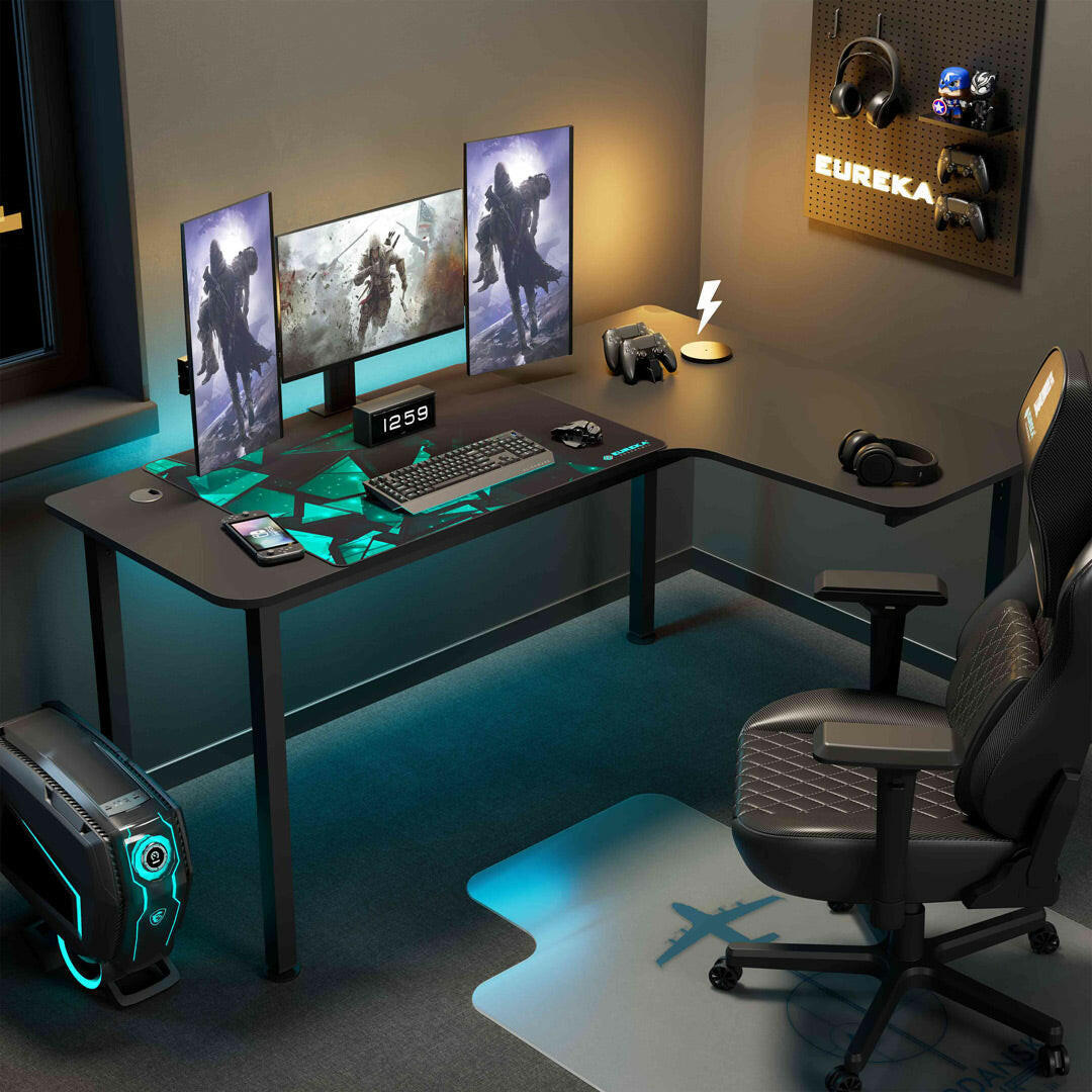 Vitesse 63 inch Gaming Desk T Shaped Computer Desk with Free large Mouse  pad, Racing Style Professional Gamer Game Station with USB Gaming Handle  Rack, Cup Holder & Headphone Hook 