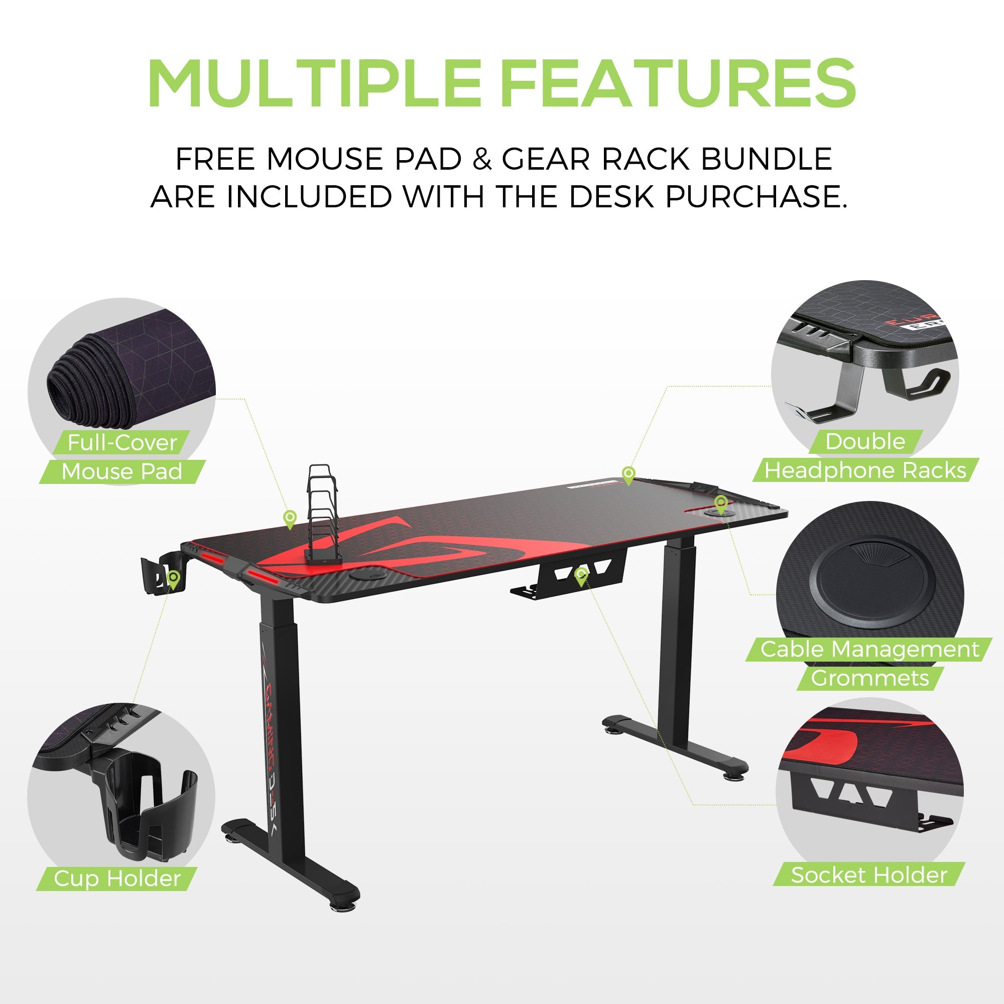 Eureka Ergonomic Gaming Table- 65 Inches, Electric Height Adjustable Dual Motor with RGB LED Lights