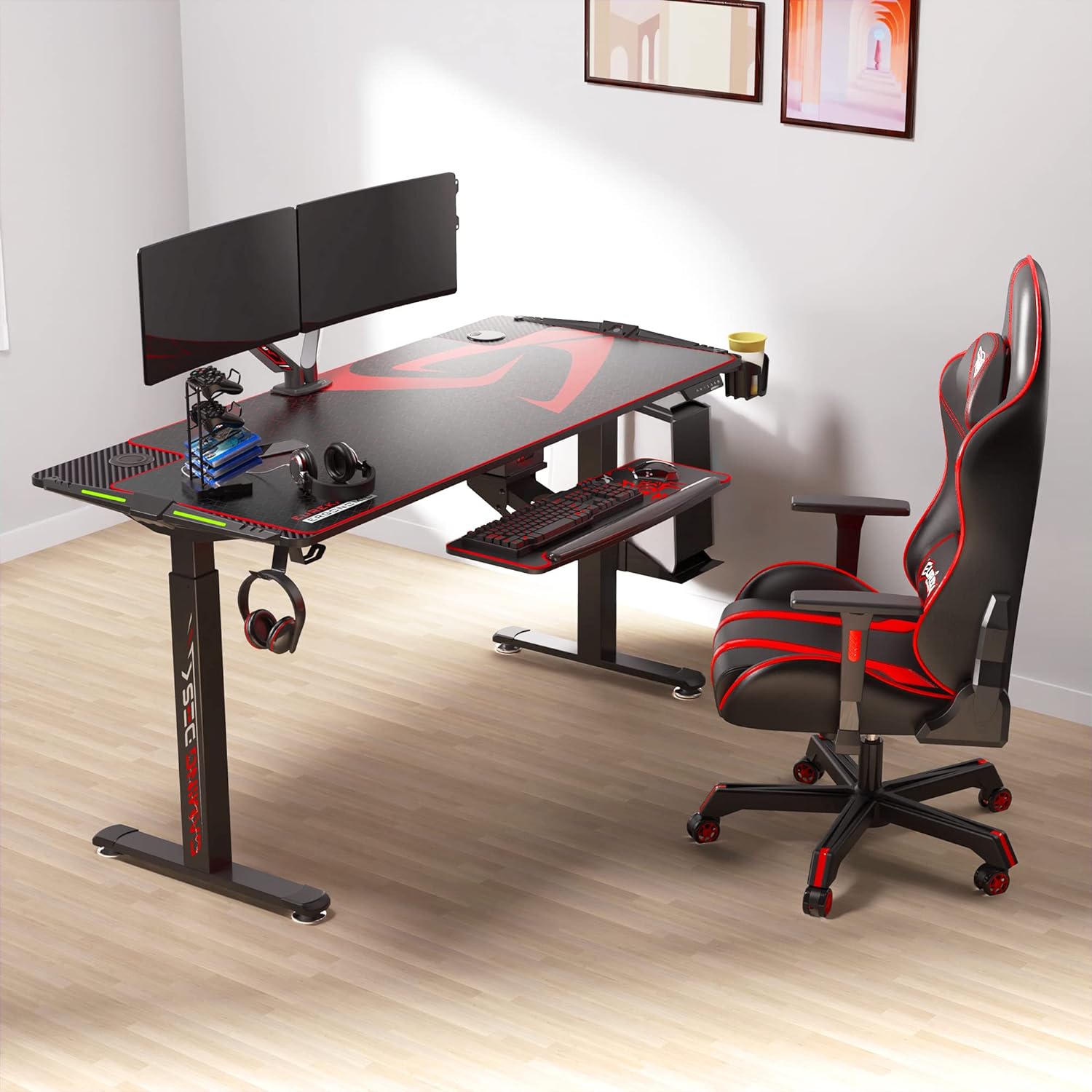 Eureka Ergonomic Gaming Table- 65 Inches, Electric Height Adjustable, RGB LED Lights With Luxury Gaming Chair