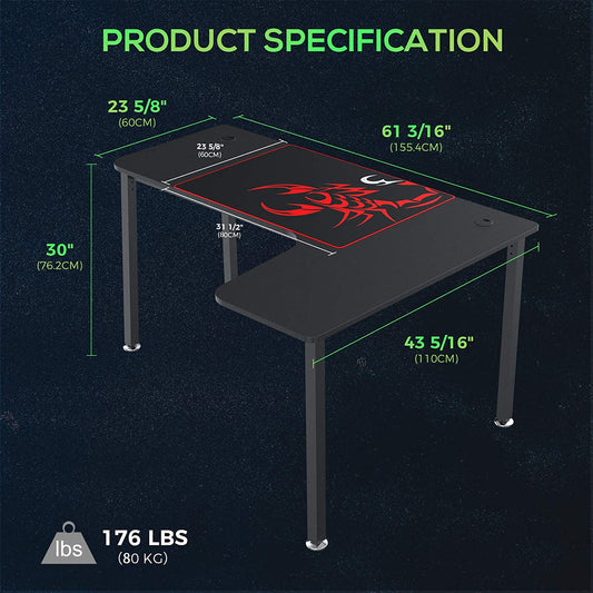 Eureka Ergonomic Gaming Table- 60 Inches, L Shaped, Left/Right with Luxury Gaming Chair and Keyboard Tray