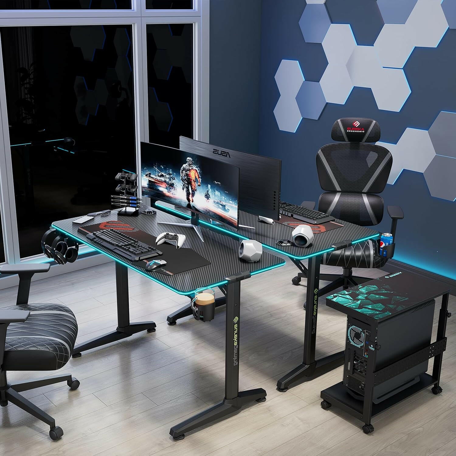 EUREKA ERGONOMIC Carbon Fibre Plastic Gaming Computer Desk 55 Home Office  Gaming PC Tables New Polygon Finish Legs Design with RGB LED Lights