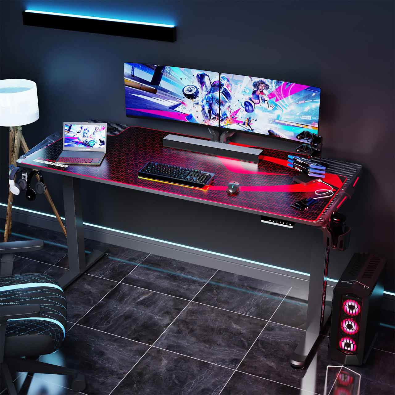 Eureka Ergonomic Gaming Table- 65 Inches, Electric Height Adjustable Dual Motor with RGB LED Lights