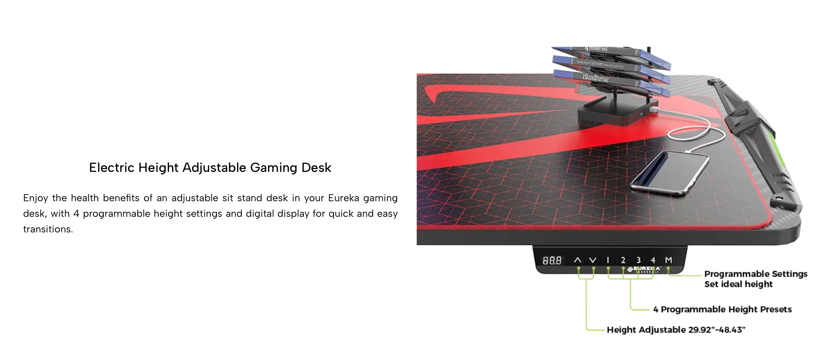 Eureka I 65 Gaming Table - 65 Inch, I Shaped, Height Adjustable 10
