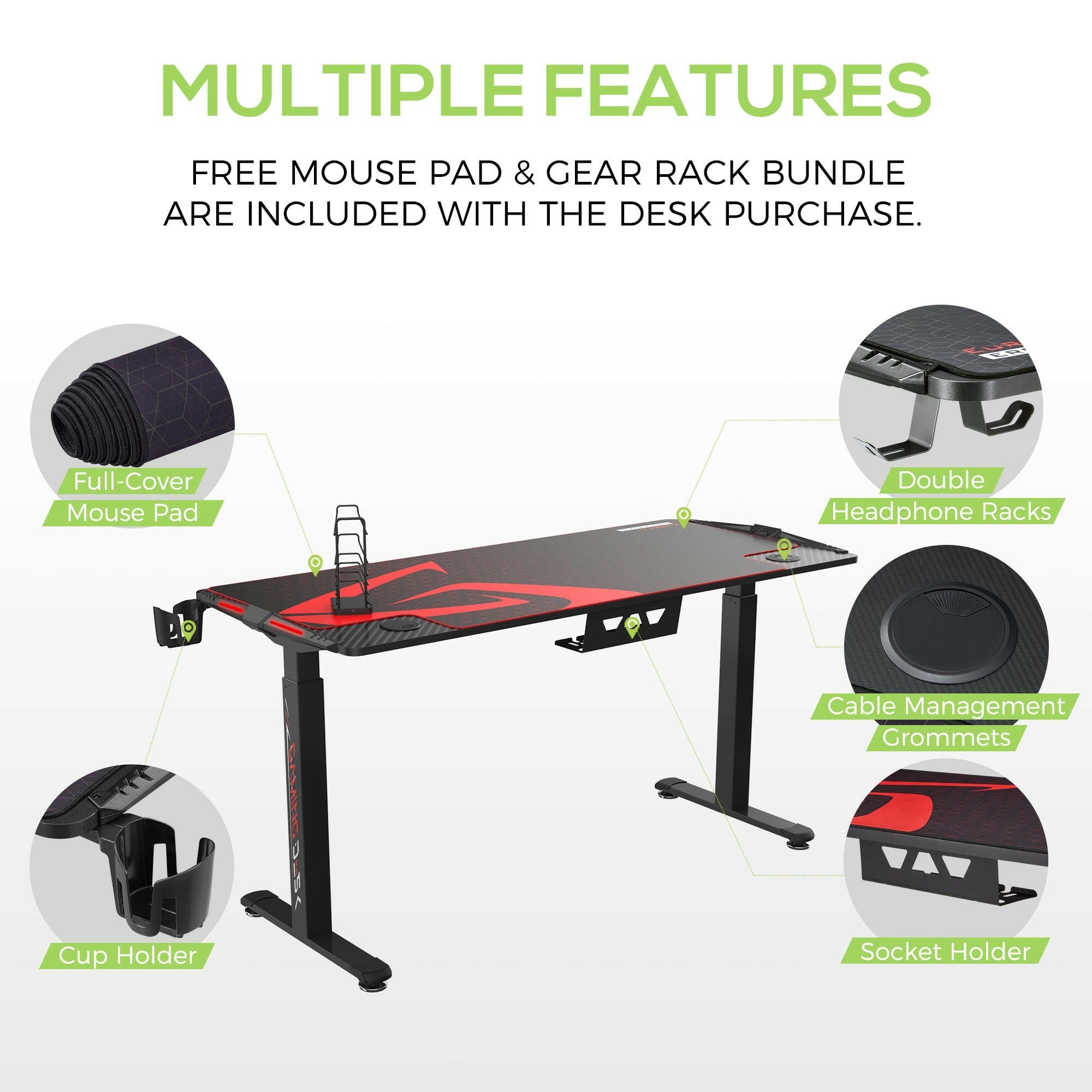 Eureka I 65 Gaming Table - 65 Inch, I Shaped, Height Adjustable 6