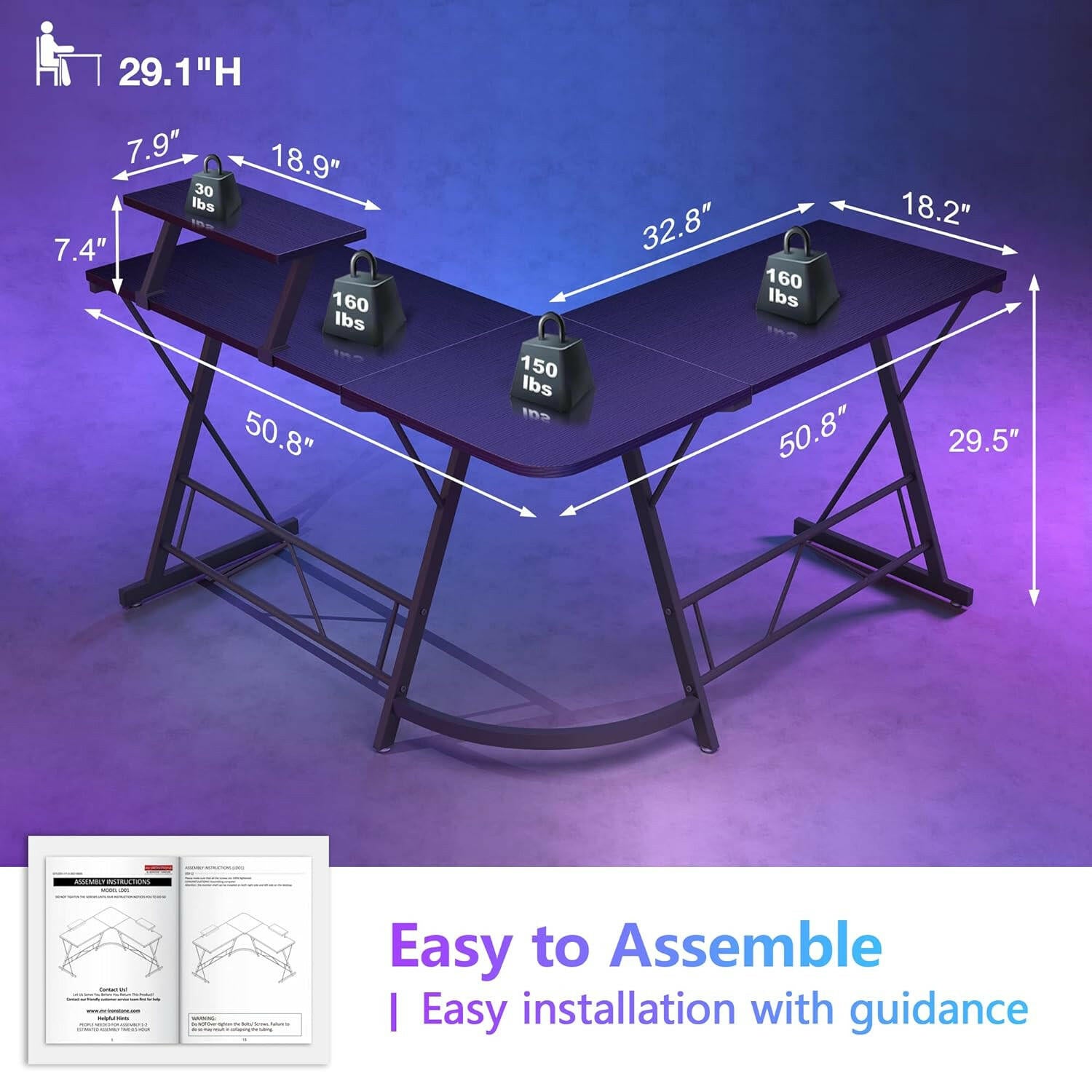 Ironstone L 51 Gaming Table - 51 Inches, L Shaped 8