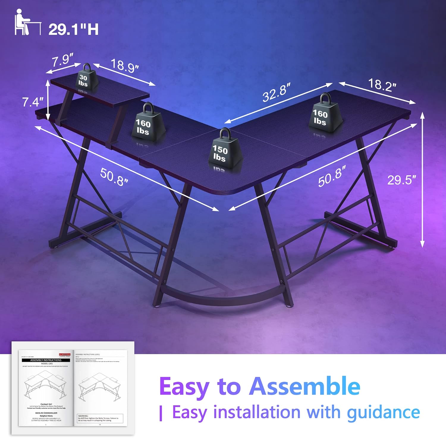 Mr Ironstone Gaming Table- L Shaped, 51 Inches