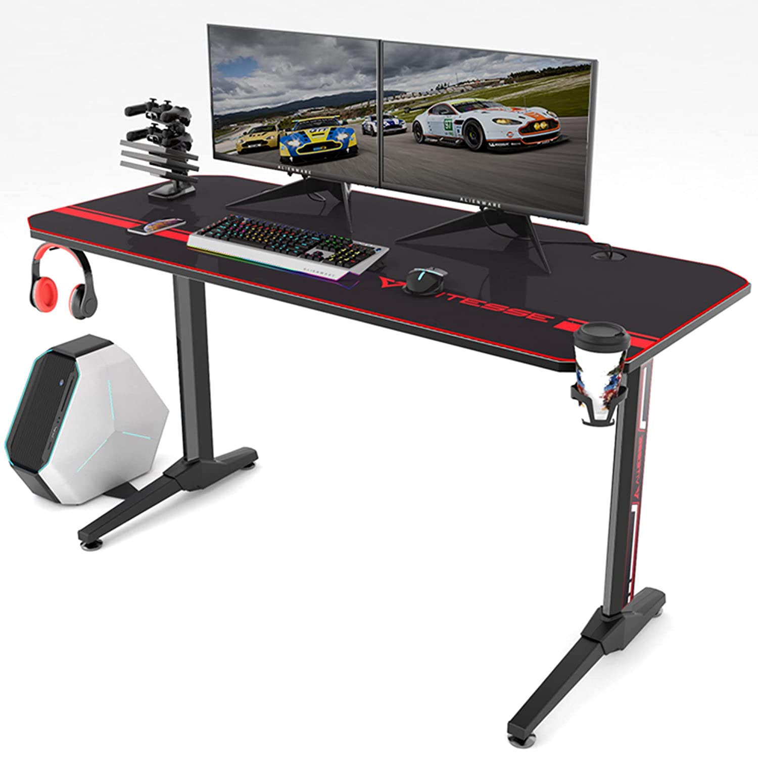 Vitesse Gaming Table- 55 Inches with Free Mouse pad, Gamer Game Station with USB Gaming Handle Rack, Cup Holder & Headphone Hook