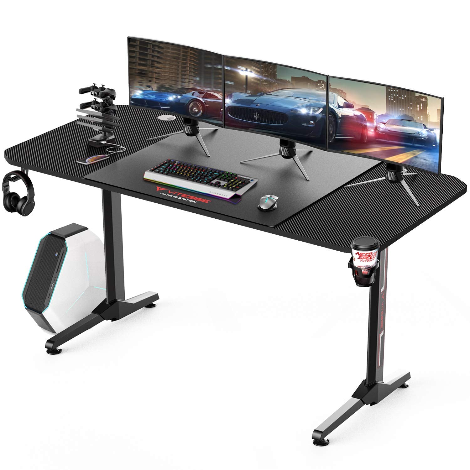 Vitesse Gaming Table- 63 Inches with Free Mouse pad, USB Gaming Handle Rack, Cup Holder & Headphone Hook