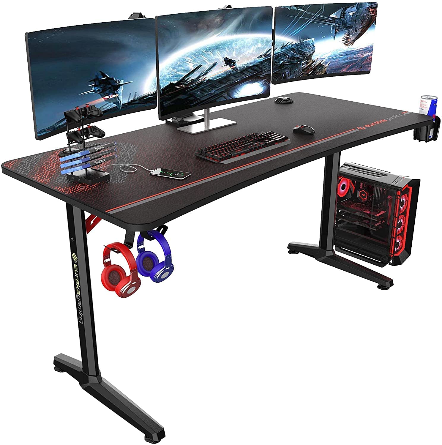 Eureka Ergonomic i-Series Gaming Table- Captain Series, GIP 60", Black, Home Office Computer Desk, New Polygon Legs Design